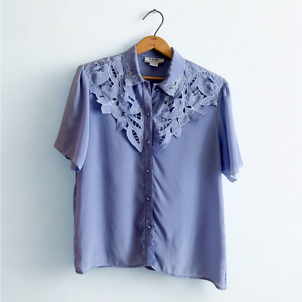 Vintage Voir Periwinkle Blue Blouse with Floral Cutwork Lace Collar